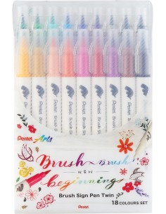 Pentel Brush Sing Pen Twin Pack de 18 Rotuladores con Doble Punta de Pincel Flexible - Punta Ancha 1-4mm-Punta Fina 0 2-2mm