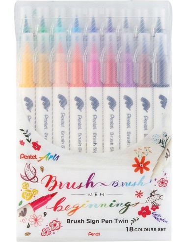 Pentel Brush Sing Pen Twin Pack de 18 Rotuladores con Doble Punta de Pincel Flexible - Punta Ancha 1-4mm-Punta Fina 0 2-2mm