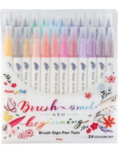 Pentel Brush Sing Pen Twin Pack de 24 Rotuladores con Doble Punta de Pincel Flexible - Punta Ancha 1-4mm-Punta Fina 0 2-2mm