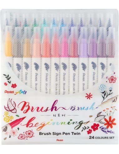 Pentel Brush Sing Pen Twin Pack de 24 Rotuladores con Doble Punta de Pincel Flexible - Punta Ancha 1-4mm-Punta Fina 0 2-2mm
