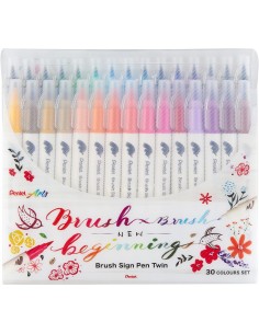 Pentel Brush Sing Pen Twin Pack de 30 Rotuladores con Doble Punta de Pincel Flexible - Punta Ancha 1-4mm-Punta Fina 0 2-2mm