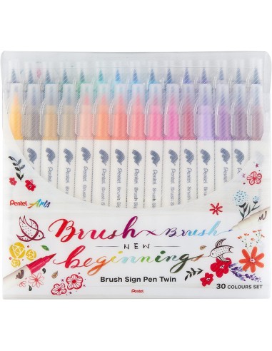 Pentel Brush Sing Pen Twin Pack de 30 Rotuladores con Doble Punta de Pincel Flexible - Punta Ancha 1-4mm-Punta Fina 0 2-2mm