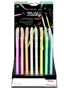 Pentel Hybrid Milky Expositor de 48 Boligrafos de Bola - Punta Fina 0.8mm - Trazo 0.4mm - Tinta de Gel Opaca - Colores