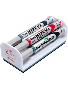 Pentel Maxiflo Pack de 4 Rotuladores para Pizarra Blanca-Borrador Magnetico - Punta de Bala - Ancho de Linea 2mm -