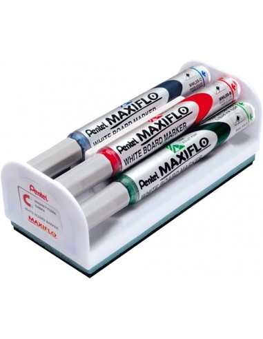Pentel Maxiflo Pack de 4 Rotuladores para Pizarra Blanca-Borrador Magnetico - Punta de Bala - Ancho de Linea 2mm -
