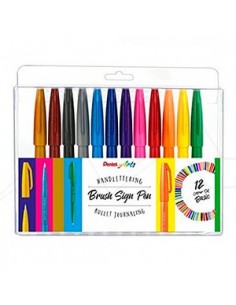Pentel Brush Sing Pen Pack de 12 Rotuladores con Punta de Pincel - Lineas Finas o Gruesas dependiendo de la Presion -