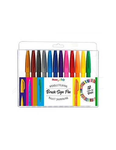 Pentel Brush Sing Pen Pack de 12 Rotuladores con Punta de Pincel - Lineas Finas o Gruesas dependiendo de la Presion -