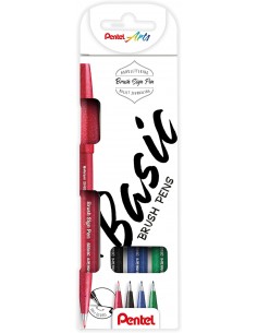 Pentel Brush Sing Pen Basic Pack de 4 Rotuladores con Punta de Pincel - Lineas Finas o Gruesas dependiendo de la Presion -