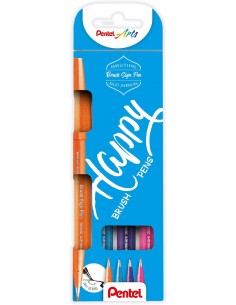 Pentel Brush Sing Pen Happy Pack de 4 Rotuladores con Punta de Pincel - Lineas Finas o Gruesas dependiendo de la Presion -