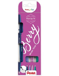 Pentel Brush Sing Pen Berry Pack de 4 Rotuladores con Punta de Pincel - Lineas Finas o Gruesas dependiendo de la Presion -