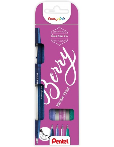 Pentel Brush Sing Pen Berry Pack de 4 Rotuladores con Punta de Pincel - Lineas Finas o Gruesas dependiendo de la Presion -