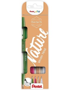 Pentel Brush Sing Pen Nature Pack de 4 Rotuladores con Punta de Pincel - Lineas Finas o Gruesas dependiendo de la Presion -