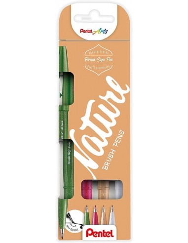 Pentel Brush Sing Pen Nature Pack de 4 Rotuladores con Punta de Pincel - Lineas Finas o Gruesas dependiendo de la Presion -
