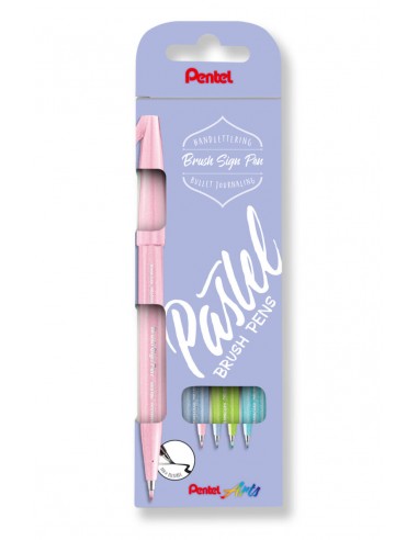 Pentel Brush Sing Pen Pastel Pack de 4 Rotuladores con Punta de Pincel - Lineas Finas o Gruesas dependiendo de la Presion -