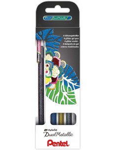 Pentel Hybrid Dual Metallic Pack de 4 Boligrafos de Bola con Tinta Gel Brillante - Punta 1mm - Trazo 0.5mm - Colores