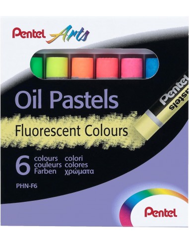 Pentel Oil Pastels Pack de 6 Pasteles Oleo Fluorescentes - Blandos-Cremosos y de Secado Lento - Colores Fluorescentes