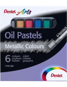 Pentel Oil Pastels Pack de 6 Pasteles Oleo Metalicos - Blandos-Cremosos y de Secado Lento - Colores Metalicos Surtidos