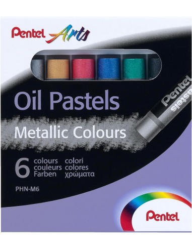 Pentel Oil Pastels Pack de 6 Pasteles Oleo Metalicos - Blandos-Cremosos y de Secado Lento - Colores Metalicos Surtidos