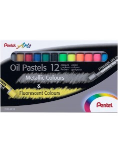 Pentel Oil Pastels Pack de 12 Pasteles Oleo - 6 Metalicos y 6 Fluorescentes - Blandos-Cremosos y de Secado Lento - Colores
