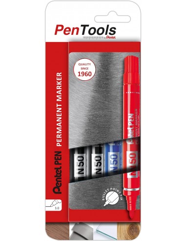 Pentel PenTools Pack de 4 Rotuladores Permanentes Industriales Pentel Pen N50 - Punta Conica Resistente y Duradera - Trazo