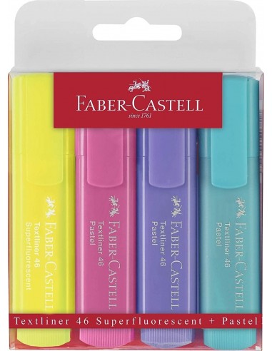 Faber-Castell Textliner 46 Pastel Pack de 4 Marcadores Fluorescentes - Punta Biselada - Trazo entre 1mm y 5mm - Tinta con