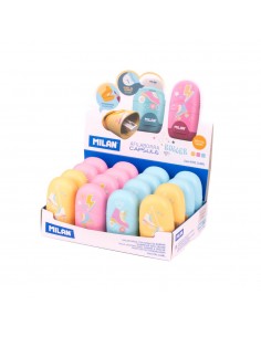 Milan Capsule Roller Expositor de 16 Afilaborras Capsule con Goma de Borrar - Cuchilla de Seguridad - Colores Azul-Rosa y