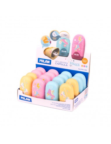 Milan Capsule Roller Expositor de 16 Afilaborras Capsule con Goma de Borrar - Cuchilla de Seguridad - Colores Azul-Rosa y