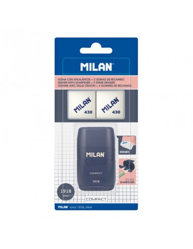 Milan Compact Serie 1918 Afilaborra Compact con 2 Gomas de Borrar - Sacapuntas Doble - Cuchilla de Seguridad - Color Azul