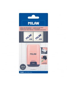 Milan Compact Serie 1918 Afilaborra Compact con 2 Gomas de Borrar - Sacapuntas Doble - Cuchilla de Seguridad - Color Rosa