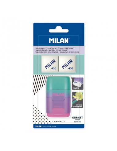 Milan Compact Sunset Afilaborra Compact con 2 Gomas de Borrar - Sacapuntas Doble - Cuchilla de Seguridad - Color