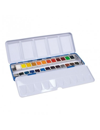 Milan Art Estuche Metalico de 24 Acuarelas Medio Godet - Opacos y Resistentes a la Luz - Mezclables - Bandeja Abatible -