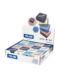 Milan Afila Serie 1918 Expositor de 32 Sacapuntas - Cuchilla de Acero - Colores Blanco-Azul Claro-Azul Oscuro y Rosa