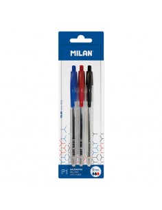 Milan P1 Pack de 3 Boligrafos de Bola Retractiles - Punta Redonda 1mm - Cuerpo Transparente - Color Azul-Negro y Rojo