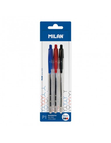 Milan P1 Pack de 3 Boligrafos de Bola Retractiles - Punta Redonda 1mm - Cuerpo Transparente - Color Azul-Negro y Rojo