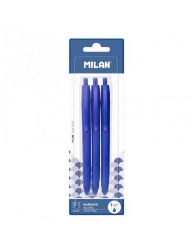 Milan P1 Touch Pack de 3 Boligrafos de Bola Retractiles - Punta Redonda 1mm - Tinta con Base de Aceite - Escritura Suave -