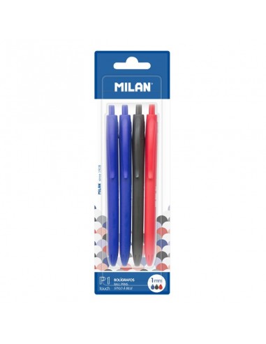 Milan P1 Touch Pack de 4 Boligrafos de Bola Retractiles - Punta Redonda 1mm - Tinta con Base de Aceite - Escritura Suave -