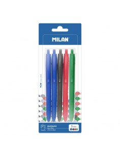 Milan P1 Touch Pack de 5 Boligrafos de Bola Retractiles - Punta Redonda 1mm - Tinta con Base de Aceite - Escritura Suave -