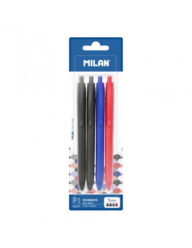 Milan P1 Touch Pack de 4 Boligrafos de Bola Retractiles - Punta Redonda 1mm - Tinta con Base de Aceite - Escritura Suave -