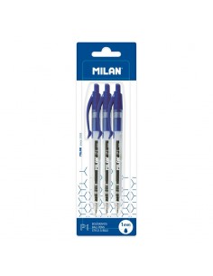 Milan P1 Pack de 3 Boligrafos de Bola Retractiles - Punta Redonda 1mm - Cuerpo Transparente - Color Azul