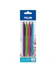 Milan P1 Touch Colours Pack de 4 Boligrafos de Bola Retractiles - Punta Redonda 1mm - Tinta con Base de Aceite - Escritura