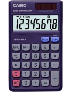 Casio SL-300VERA Calculadora de Bolsillo - Pantalla LC Extragrande de 8 Digitos - Funcion Conversor de Euros - Color Azul