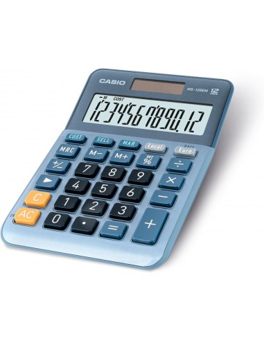 Casio MS-120EM Calculadora de Sobremesa Pequeña - Pantalla LCD de 12 Digitos - Alimentacion Solar y Pilas - Color Azul