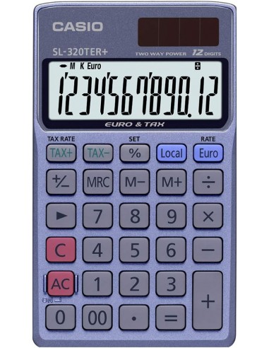 Casio SL-320TER-Calculadora de Bolsillo - Pantalla LC Extragrande de 12 Digitos - Funcion Conversor de Euros - Color Azul