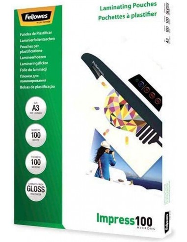 Fellowes Pack de 100 Fundas de Plastificar de 100 Micras - Tamaño A3 - Acabado en Brillo - Flechas Indicadoras