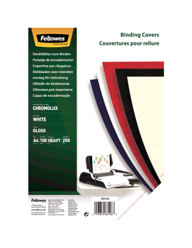 Fellowes Pack de 100 Papel para Contraportada de Documento - A4 - Acabado en Brillo - 250 grs - Certificacion FSC