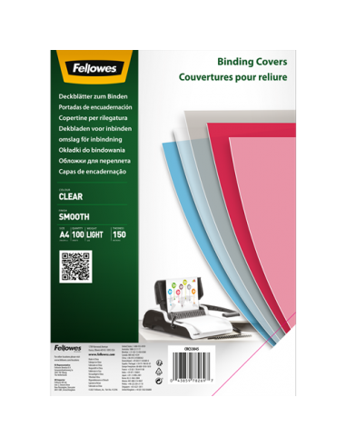 Fellowes Pack de 100 Portadas de Polietileno Transparentes para Documentos A4 - Grosor 150 Micras - Utilizables en