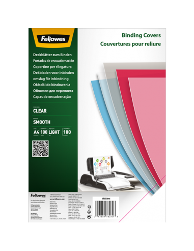 Fellowes Pack de 100 Portadas de Polietileno Transparentes para Documentos A4 - Grosor de 180 Micras - para Encuadernadoras