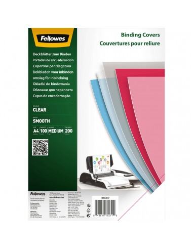 Fellowes Pack de 100 Portadas de Polietileno Transparentes para Documentos A4 - Grosor 200 Micras - para Encuadernadoras de
