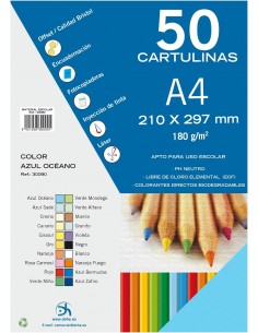 Dohe Pack de 50 Cartulinas A4 180 g m² - Aptas para Impresion - PH Neutro - Libres de Cloro Elemental - Color Azul Oceano