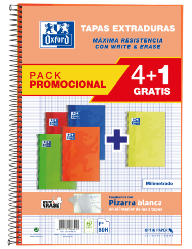 Oxford School Classic Write&Erase Pack 4 1 F-- Cuaderno Espiral Tapa Extradura - Milimetrado con Margen - 80 Hojas -
